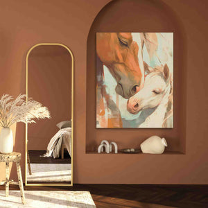 a painting of a horse and a foal hangs on a wall