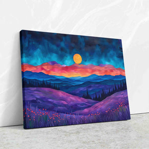 a painting of a sunset over a field of flowers