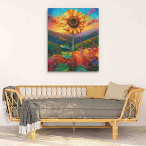 a painting of a sunflower on a wall above a couch