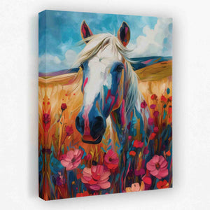 a painting of a horse in a field of flowers