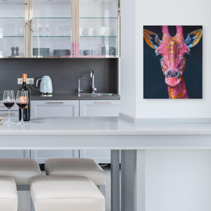 a painting of a giraffe in a kitchen