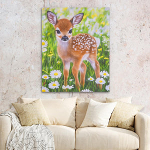 a painting of a baby deer in a field of daisies