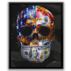 a picture of a skull with a dollar bill in its mouth