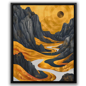 a painting of a river surrounded by mountains