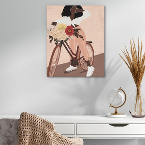 a painting of a woman riding a bike with flowers in the basket