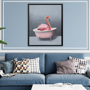 a painting of a pink flamingo in a bathtub