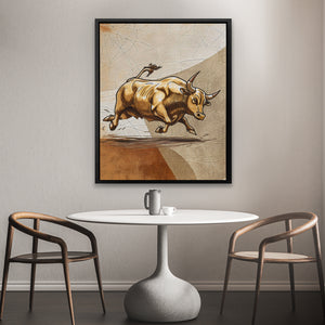 a painting of a bull running across a field