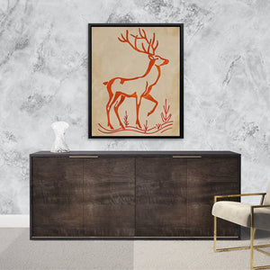 a picture of a deer on a wall above a dresser