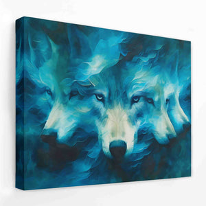 a painting of three wolfs with blue eyes
