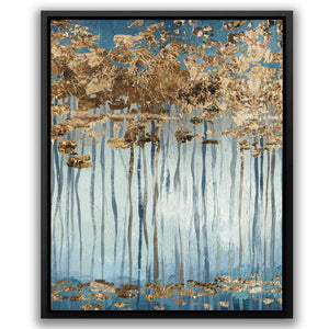 a painting of a blue and gold forest