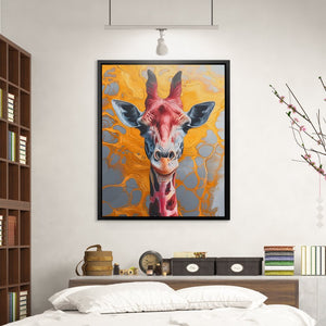 a painting of a giraffe is hanging above a bed