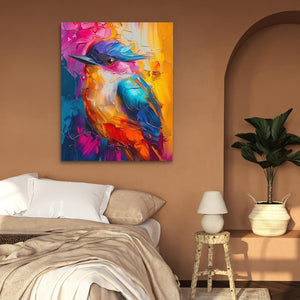 a painting of a colorful bird on a wall above a bed