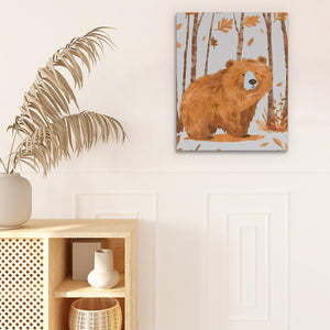 a painting of a brown bear in the woods