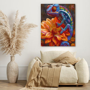 a painting of a chamelon and a flower on a wall