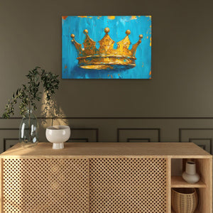 a painting of a gold crown on a blue background