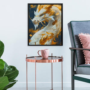 a painting of a dragon on a wall next to a chair