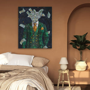 a painting of a man in a green suit on a wall above a bed