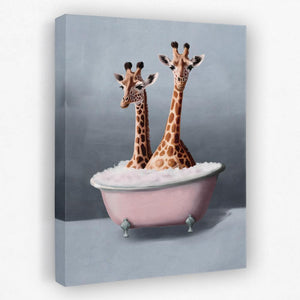 two giraffes are sitting in a bathtub together