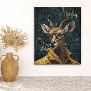 a painting of a deer wearing glasses on a wall