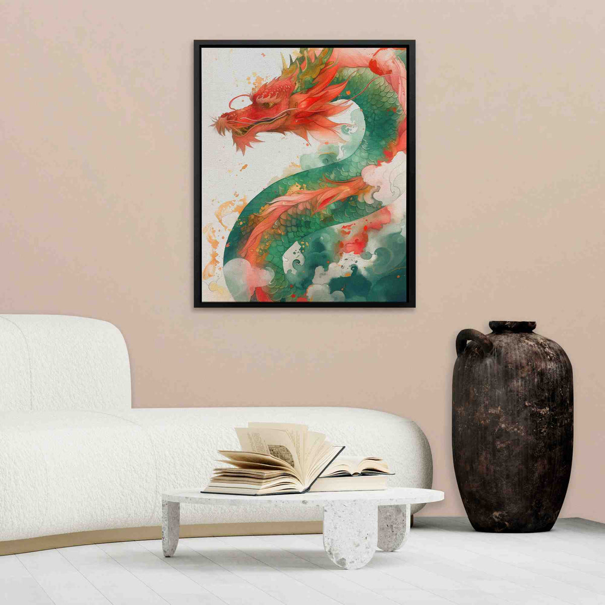 a living room with a white couch and a painting on the wall