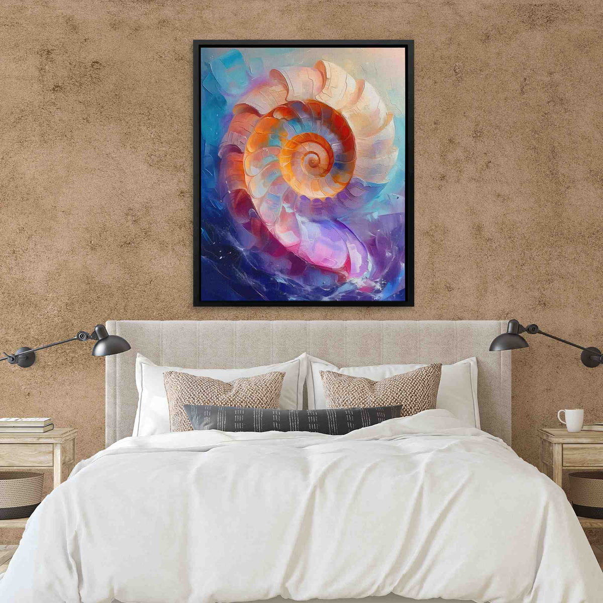 a bedroom with a bed and a painting on the wall