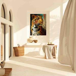 a painting of a tiger in a white room