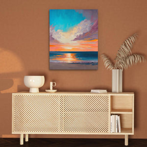 a painting of a sunset over the ocean