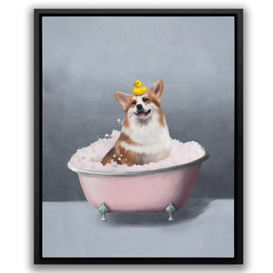 a painting of a dog in a bath tub