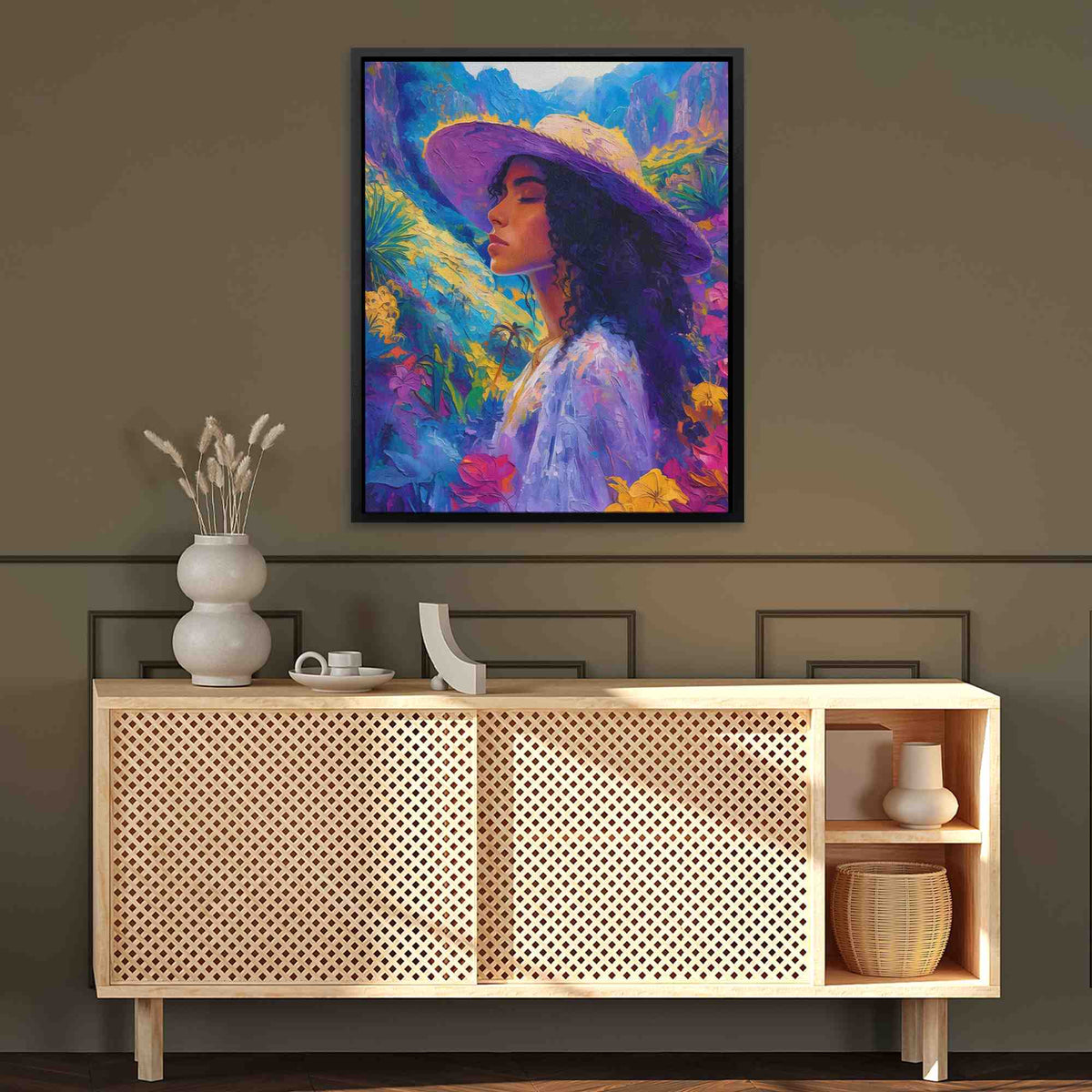 a painting of a woman with a purple hat