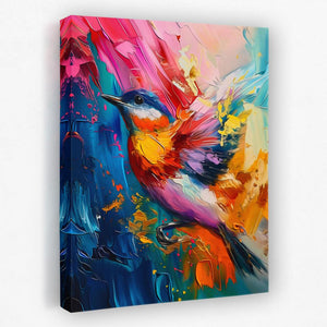 a painting of a colorful bird on a canvas