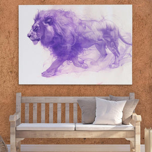 a painting of a lion on a wall above a bench