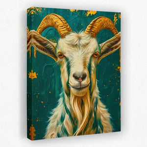 a painting of a goat with long horns