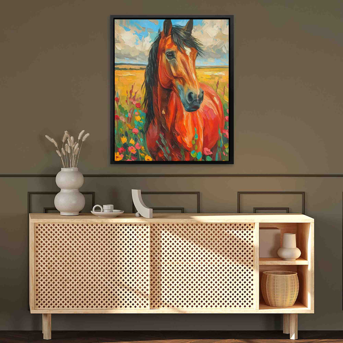 a painting of a horse in a room
