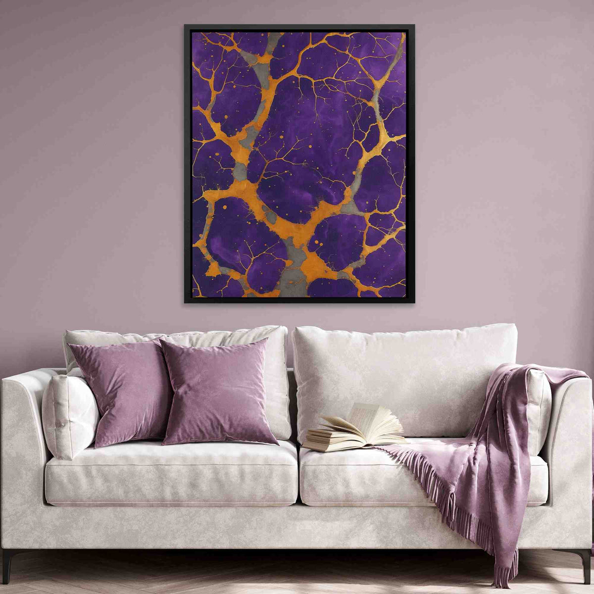 a living room with a white couch and purple walls