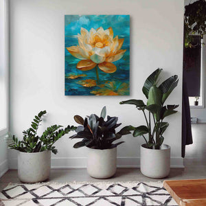 three potted plants in front of a painting on a wall