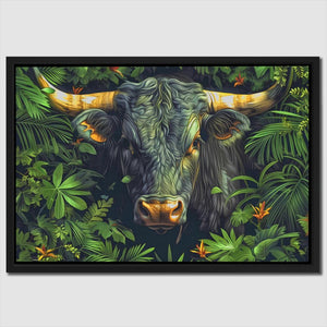 a painting of a bull surrounded by tropical plants