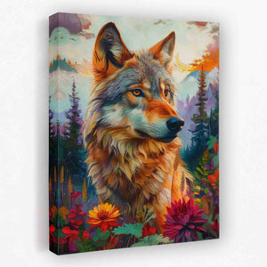 a painting of a wolf in a field of flowers
