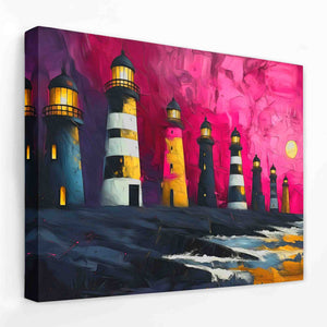 a painting of a group of lighthouses at night