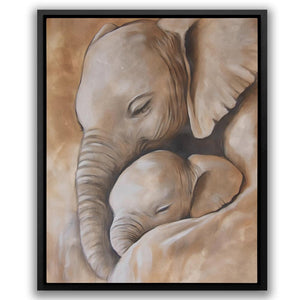 a painting of a mother elephant and her baby