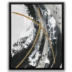 a black and white painting with gold lines