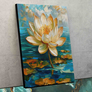 a painting of a yellow flower on a blue background