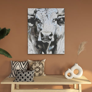 a painting of a cow on a wall above a table