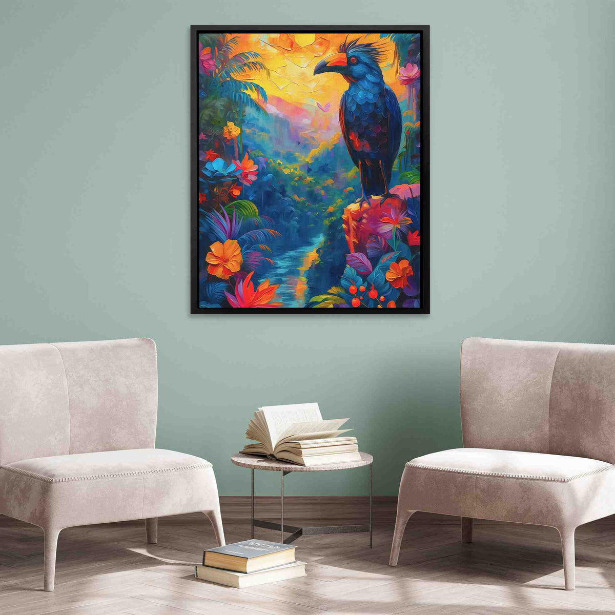 a painting of a bird on a blue wall