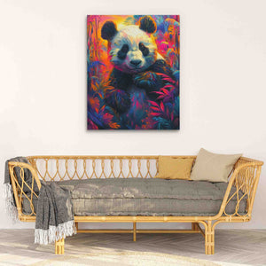 a painting of a panda bear on a wall above a couch