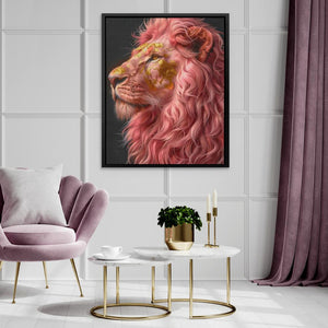 a living room with a purple chair and a painting of a lion on the wall