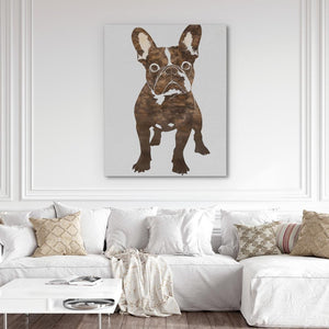 a living room with a white couch and a painting of a dog on the wall