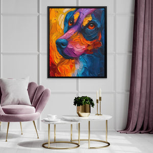 a painting of a dog on a wall above a table