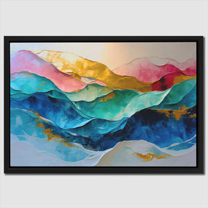 a painting of a colorful mountain range
