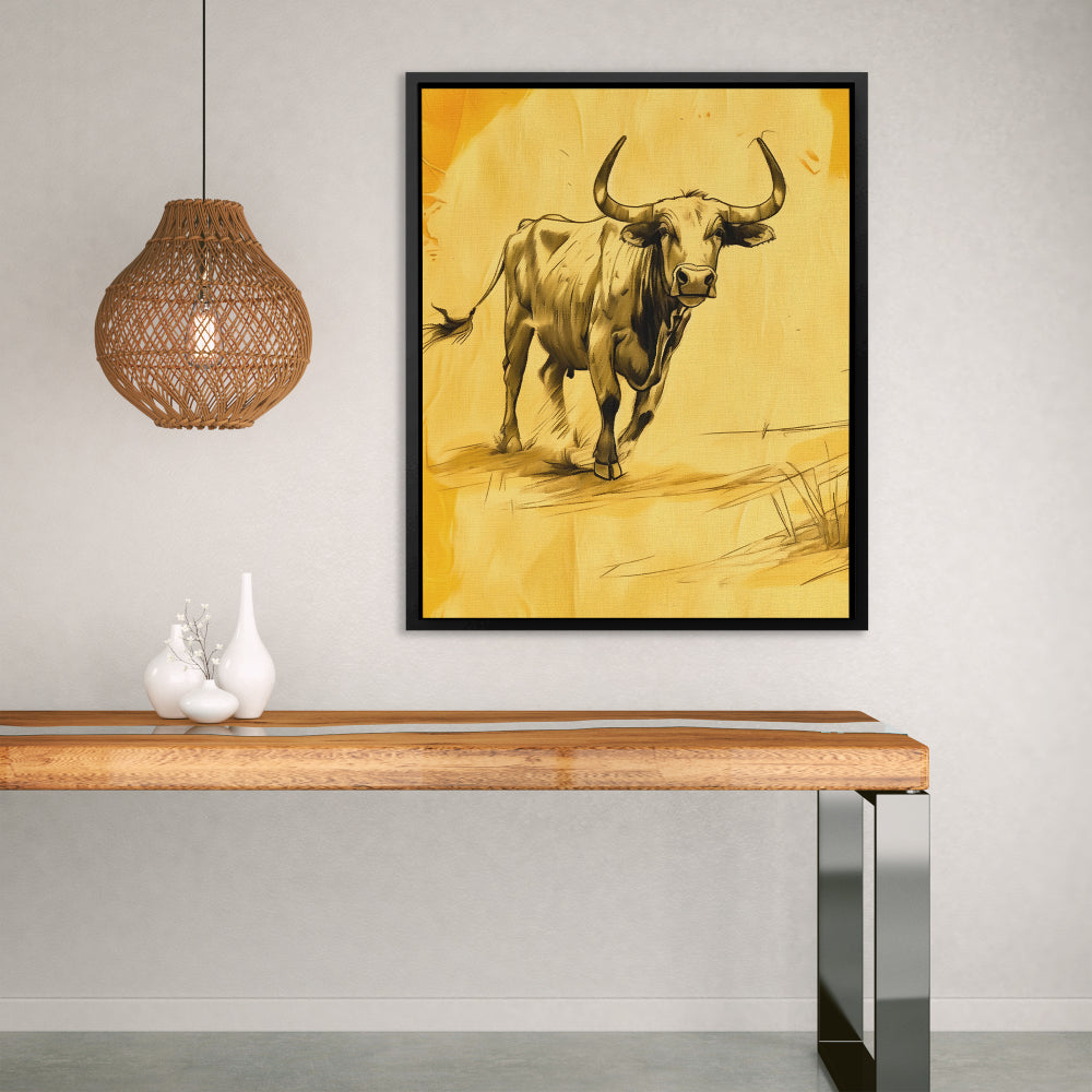 a painting of a bull walking across a field