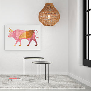 a room with a table and a cow painting on the wall